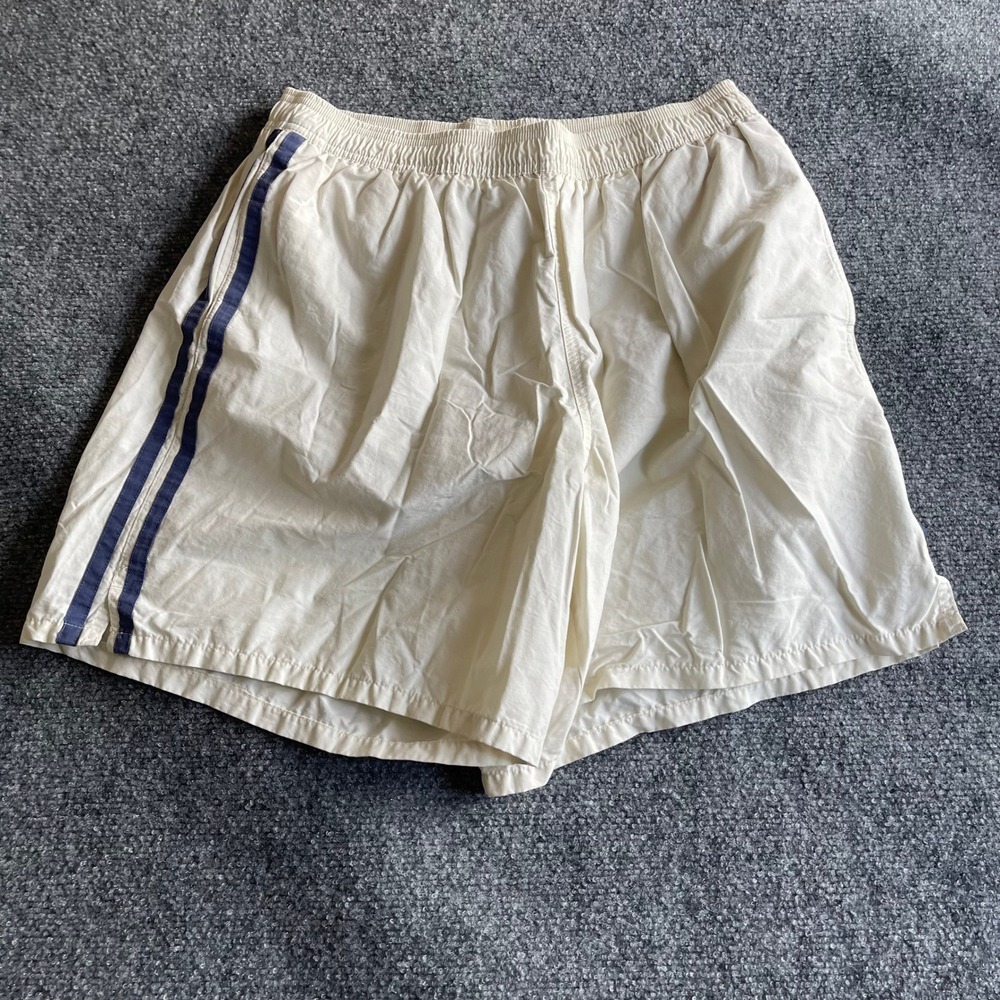 Speedo Mens Vintage Swim Trunks Cream Navy Blue Side Stripe Mesh Liner Large